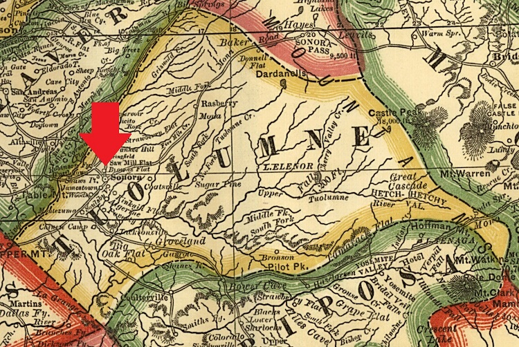Map of the location of Brown's Flat in Tuolumne County, California where the Watsons lived and mined, 1883. (Source: loc.gov)