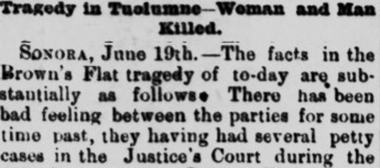 Article from the Marysville, California newspaper detailing the altercation at Brown's Flat between Otis Greenwood and William Watson, June 1884. (Source: newspaperarchive.com)