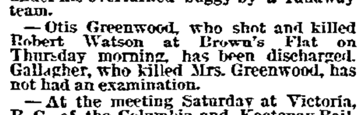 An note in a San Francisco newspaper about the events at Brown's Flat (note they erroneously give Robert Watson as the victim when, in fact, it was William Watson), June 1884. (Source: newspaperarchive.com)