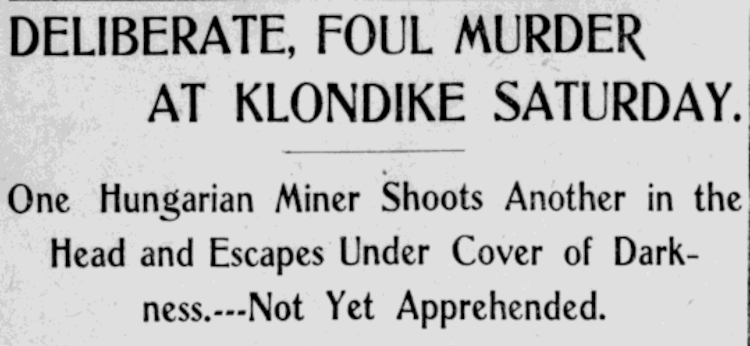 Headline from the New Philadelphia newspaper about the murder of Mayk Forkass in Klondike, 2 July 1903. (Source: newspaperarchive.com)