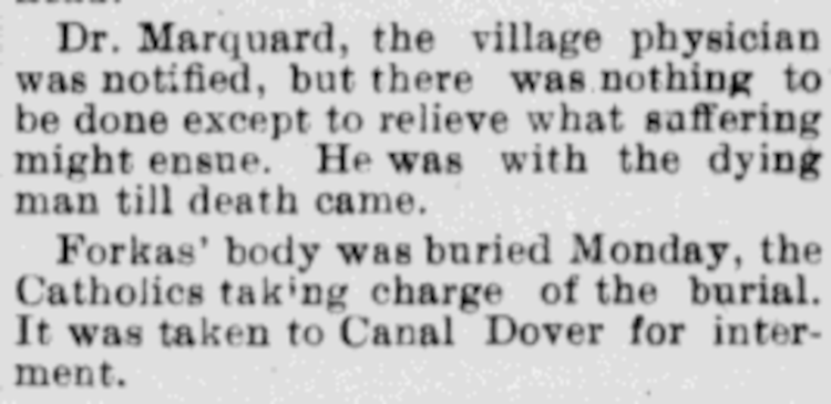 Excerpt from New Philadelphia newspaper's report of the murder detailing Mayk Forkass' death, 2 July 1903. (Source: newspaperarchive.com)