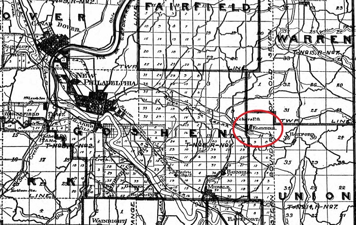 The location of the town of Klondike on the township map found in the Tuscarawas County Atlas, 1908. (Source: ancestry.com)