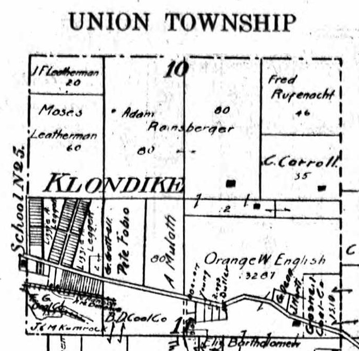 The location of the town of Klondike on the Union Township map found in the Tuscarawas County Atlas, 1908. (Source: ancestry.com)