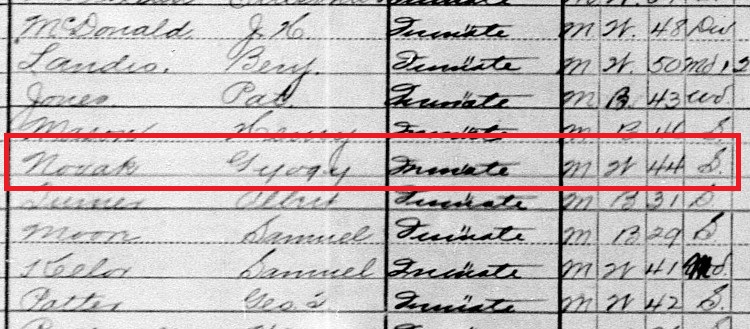 Gyorgy Novak listed in the 1910 Census as an inmate at the Ohio State Penitentiary in Columbus, Ohio. (Source: familysearch.org)