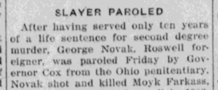 New Philadelphia newspaper article reporting on the parole of Gyorgy Novak, December 1913. (Source: newspaperarchive.com)