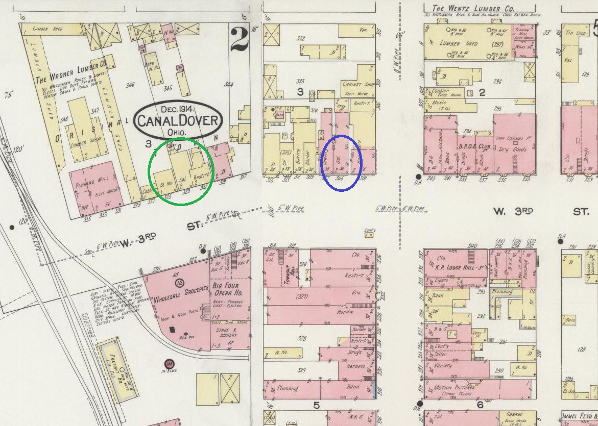 The locations of the saloons owned by Ralph Herzig (blue) and Nick Nigro (green) on West Third Street in Dover as found on the Sanborne Insurance Maps, 1914. (Source: loc.gov)