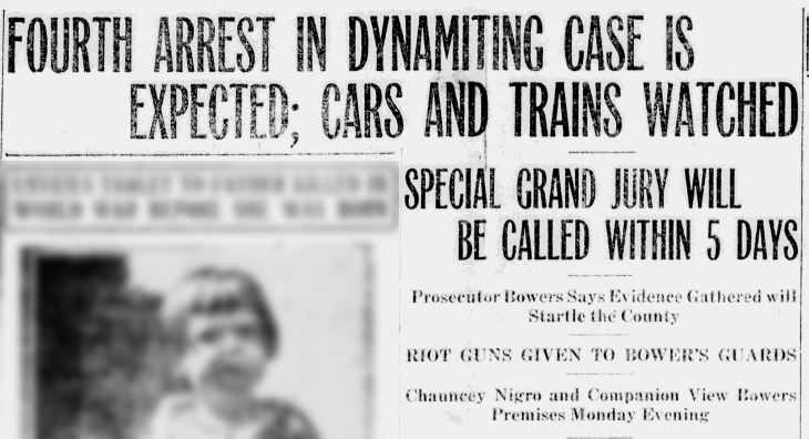 Headline for newspaper article detailing the arrest of the men involved in bombing the Bowers' house on Tuscarawas Avenue, June 1921. (Source: newspaperarchive.com)