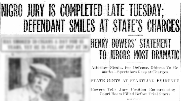 Newspaper headlines from the start of Chauncey Nigro's trial, 30 June 1921. (Source: newspaperarchive.com)