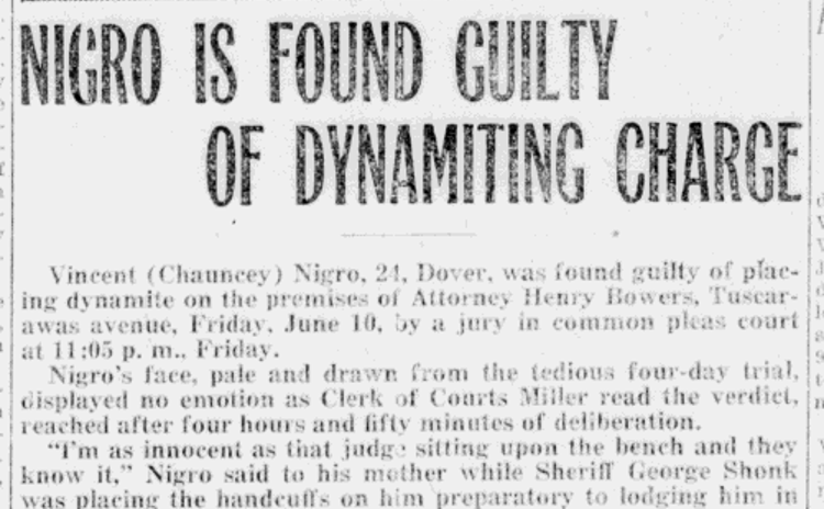 Newspaper headline announcing the verdict in Chauncey Nigro's trial, 7 July 1921. (Source: newspaperarchive.com)