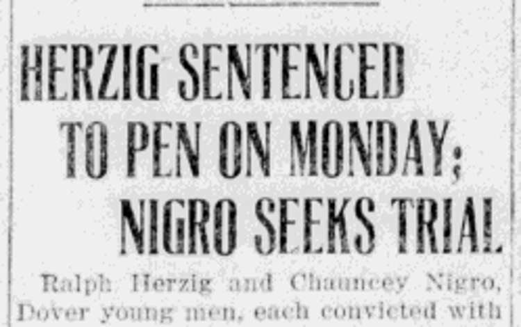 Newspaper headline announcing the sentence in Ralph Herzig's trial, 4 Auhust 1921. (Source: newspaperarchive.com)
