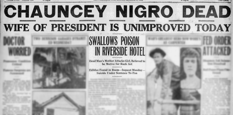 Newspaper headline announcing the death of Chauncey Nigro, 9 September 1922. (Source: newspaperarchive.com)