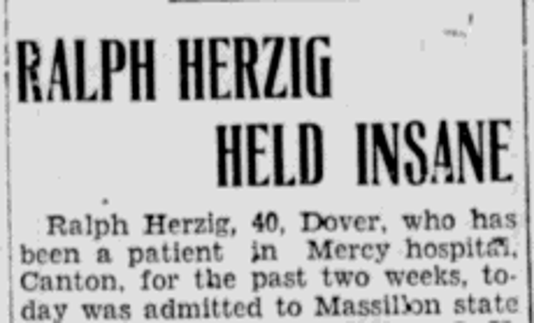 Newspaper headline about Ralph Herzig's insanity determination, 31 December 1931. (Source: newspaperarchive.com)