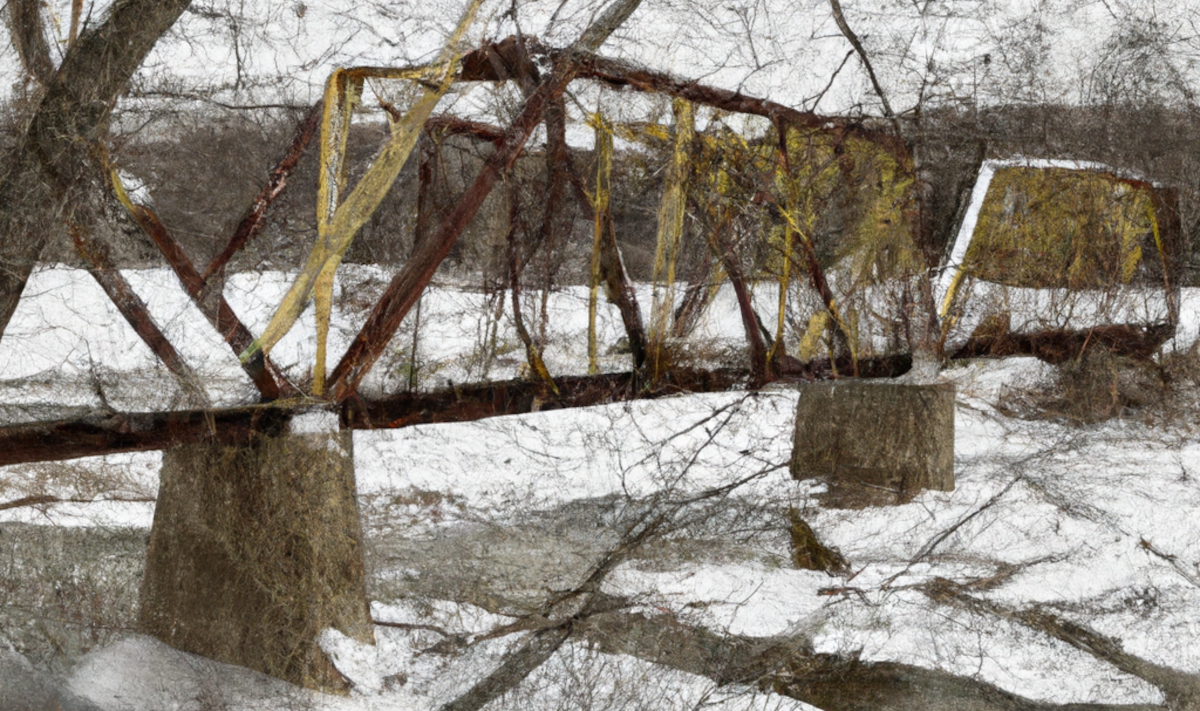 An AI generated image of a bridge covering a river in the wintertime. Created by DALL-E 2, January 2023.
