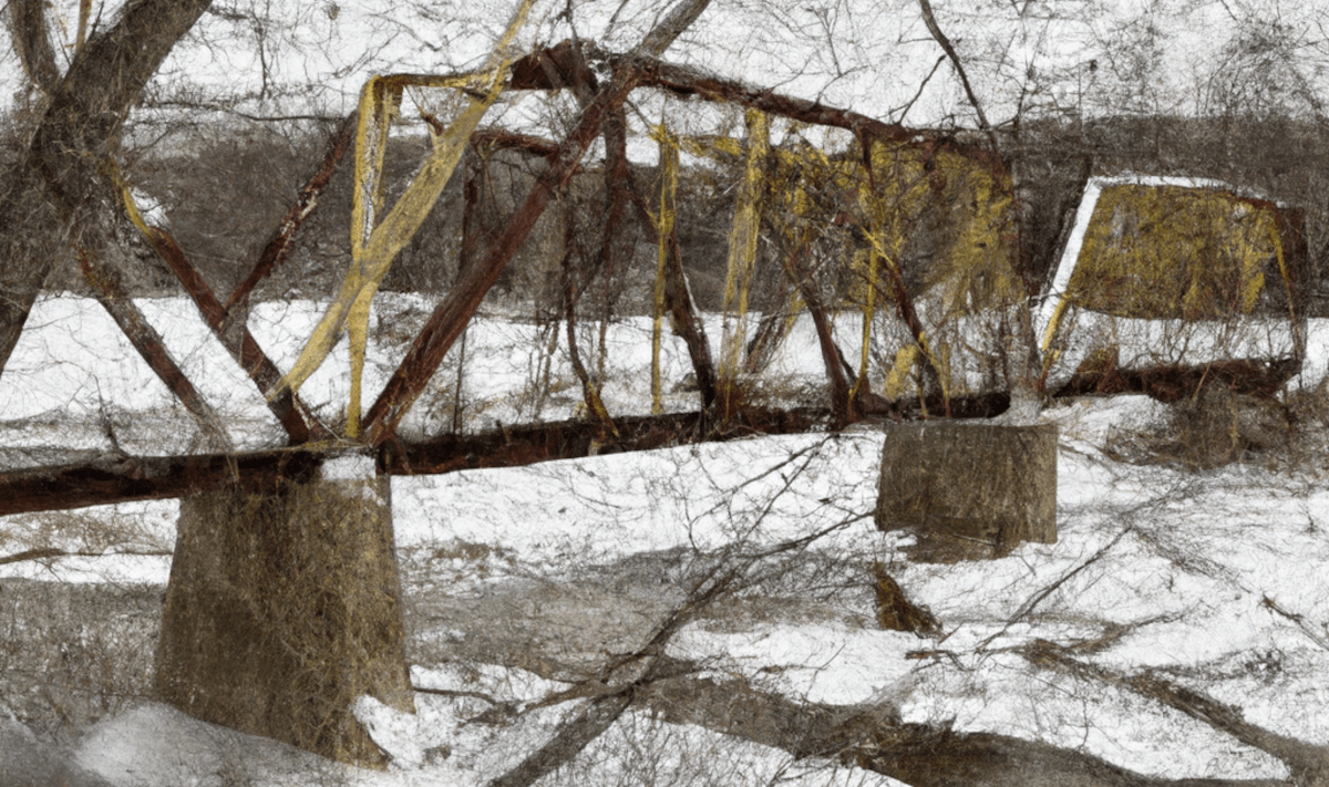 An AI generated image of a bridge covering a river in the wintertime. Created by DALL-E 2, January 2023.