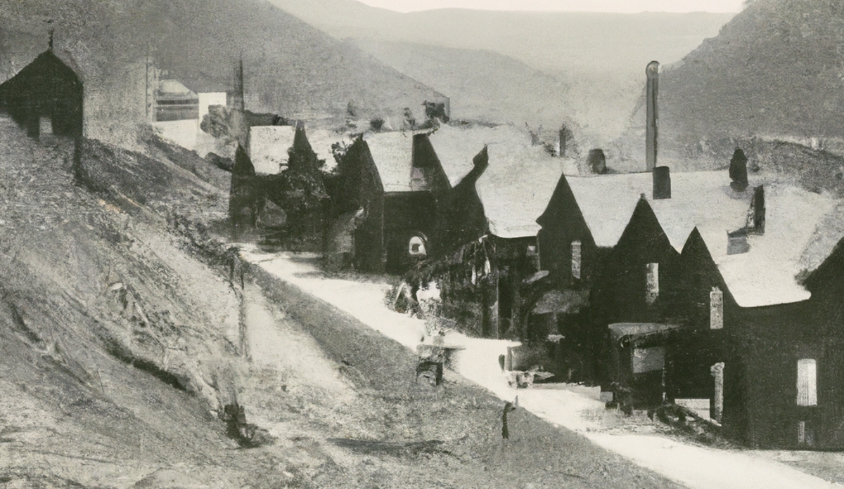 An AI generated image of a 1903 small coal mining town in eastern Ohio that shows a row of company houses. (Source: openai.com/dall-e-2