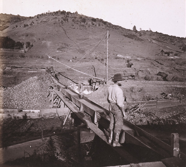 Photograph of a gold miner standing next to a flume used in placer mining at Brown's Flat, California, 1870s. Courtesy of Society of California Pioneers. (Source: oac.cdlib.org)