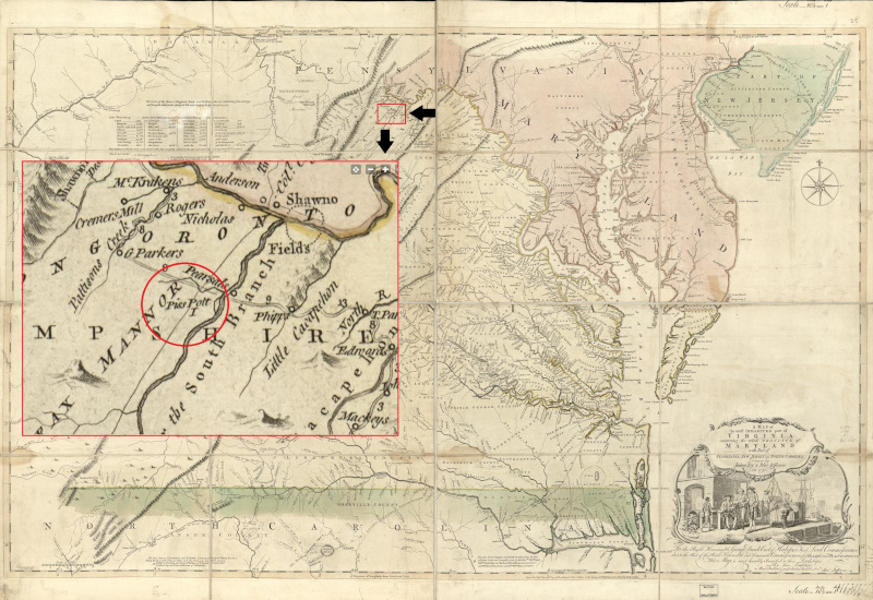 Map showing the area of Hampshire County where George Osborne acquired land from Lord Fairfax, 1775. (Source: loc.gov)