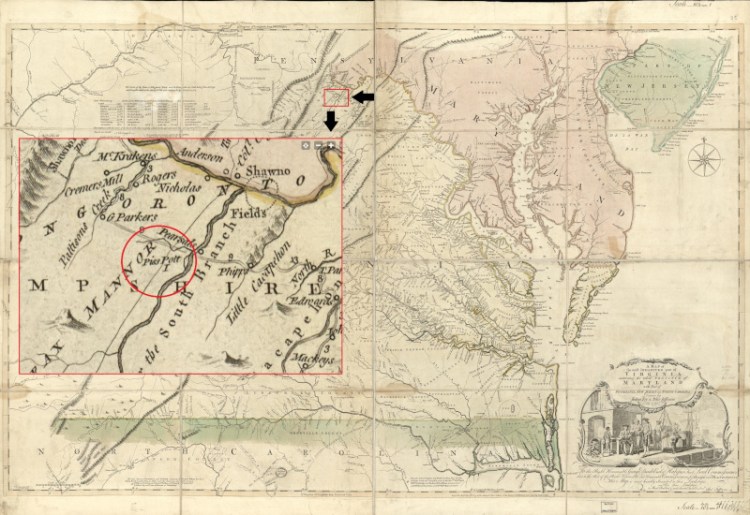 Map showing the area of Hampshire County where George Osborne acquired land from Lord Fairfax, 1775. (Source: loc.gov)