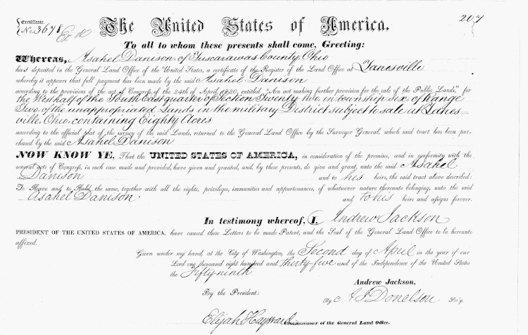 Record of Asahel Denison's purchase of land in Tuscarawas County in 1835. (Source: ancestry.com)