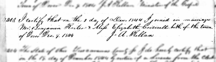 The record of the marriage of Benjamin Kreiter and Elizabeth Criswell in Tuscarawas County, December 1844. (Source: ancestry.com)