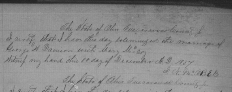 Record of George W. Denison's marriage to Mary McCoy, his second marriage, December 1857. (Source: familysearch.org)