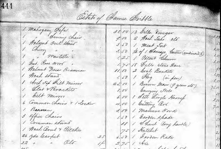 An excerpt from the inventory of the James Gribble estate showing some of the furnishings, etc., 1860. (Source: ancestry.com)