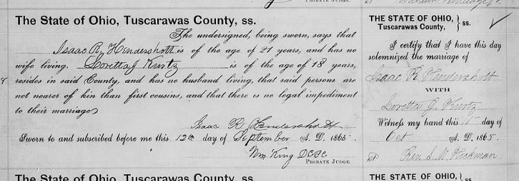 Record of the marriage of Isaac Hendershott and Loretta Kurtz in Tuscarawas County, October 1865. (Source: familysearch.org)