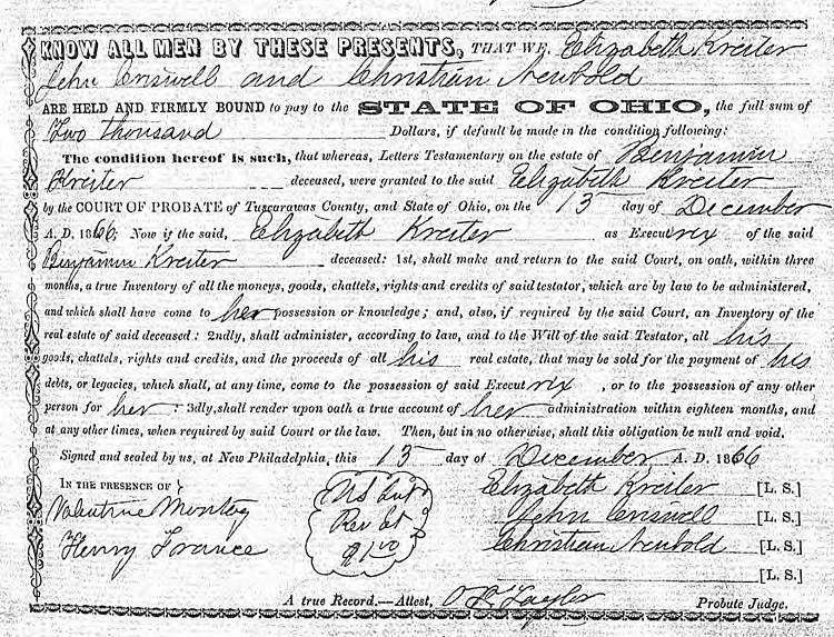 Record from Benjamin Krieter's estate naming Elizabeth as his Executrix, December 1866. (Source: ancestry.com)