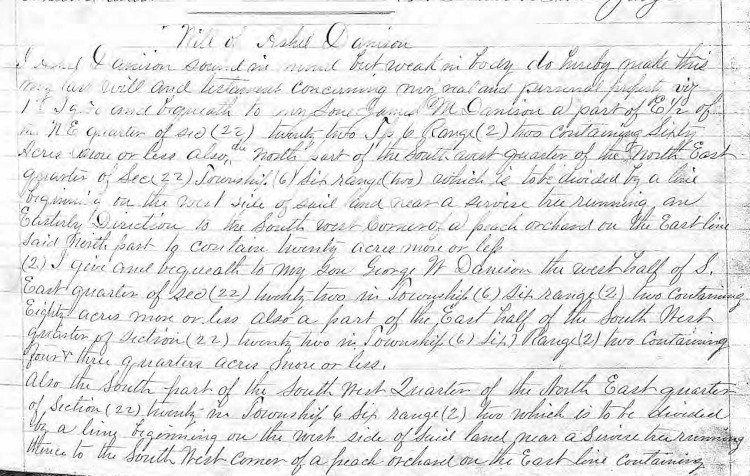 The first part of Asahel Denison's 1872 will leaving his Tuscarawas property to his sons. (Source: ancestry.com)