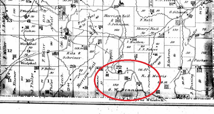 The location of the Denison land near Gilmore on the southern border of Clay Township, Tuscarawas County, 1875. (Source: ancestry.com)