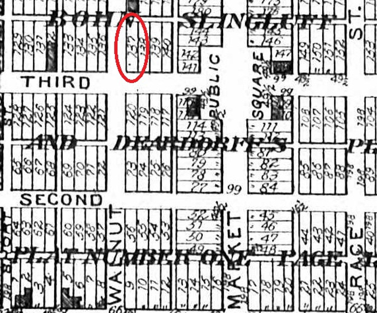 The location of the Kreiter Home and Cabinet Shop on the NE corner at the intersection of Third and Walnut Streets in Dover, Ohio, 1875. (Source: ancestry.com)