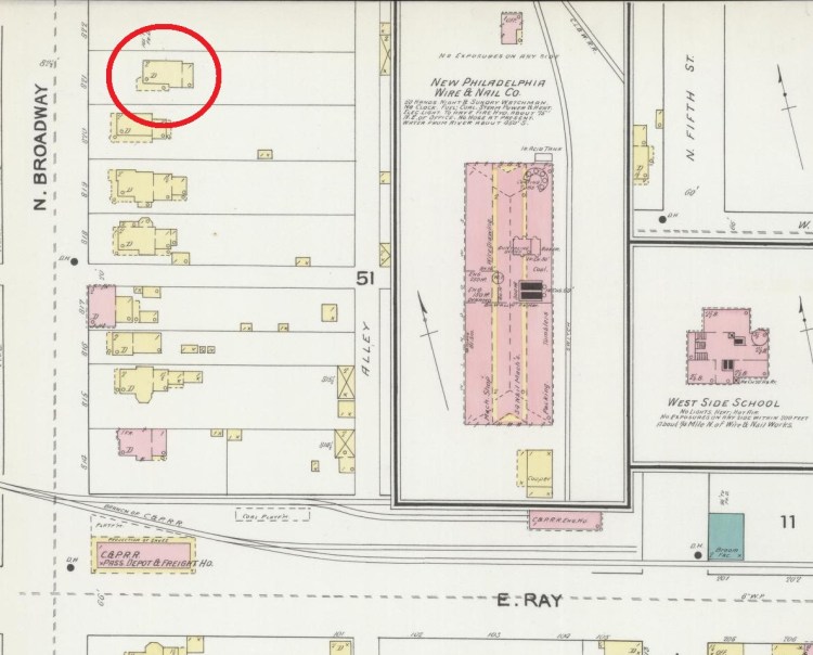The Gribble House depicted on the 1892 Sanborne Fire Insurance Map for New Philadelphia. (Source: loc.gov)
