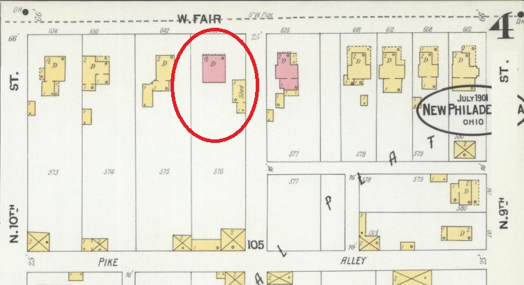 The Denison house as it appeared on the 1901 Sanborne Fire Insurance Map for New Philadelphia. (Source: loc.gov)