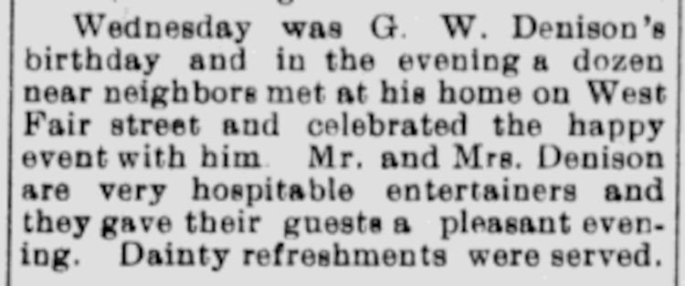 Newspaper account of a birthday party for George Denison held at their home on Fair Street, March 1905. (Source: newspaperarchive.com)