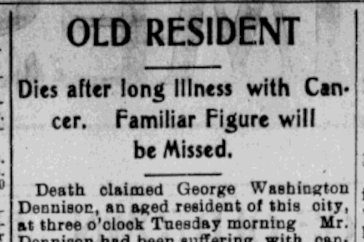 Newspaper report on the death of George Denison, August 1906. (Source: newspaperarchive.com)
