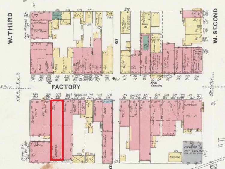 The location (highlighted in red) of Clarence Kreiter's grocery store in 1907 on a copy of the 1907 Sanborne Fire Insurance Map for Dover. (Source: loc.gov)