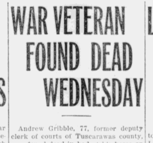 Andrew D. Gribble's death reported in the New Philadelphia newspaper, March 1919. (Source: newspaperarchive.com)