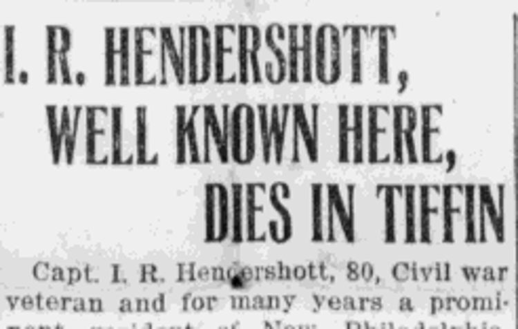 Isaac Hendershott's death reported in the New Philadelphia newspaper, March 1919. (Source: newspaperarchive.com)