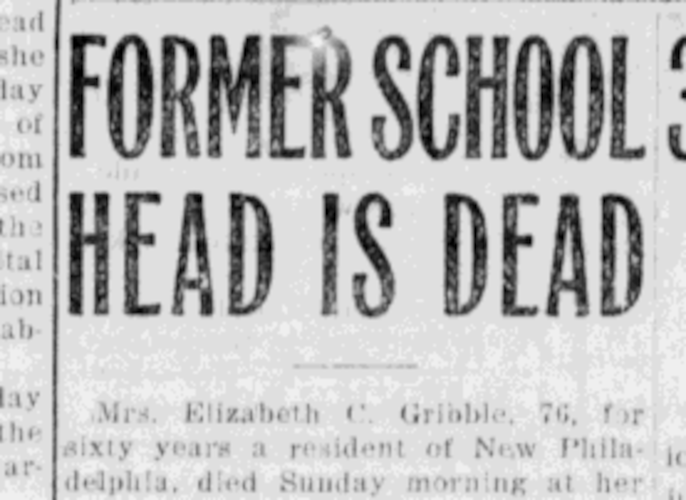 Andrew D. Gribble's death reported in the New Philadelphia newspaper, March 1919. (Source: newspaperarchive.com)
