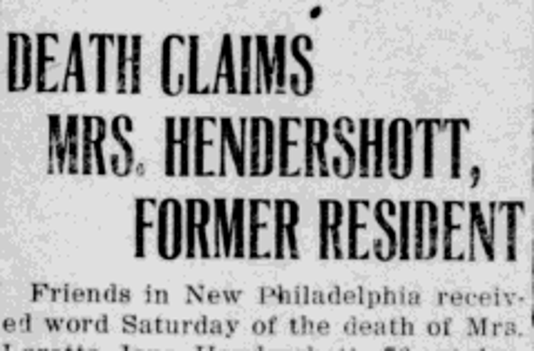 Loretta Kurtz Hendershott's death reported in the New Philadelphia newspaper, August 1921. (Source: newspaperarchive.com)