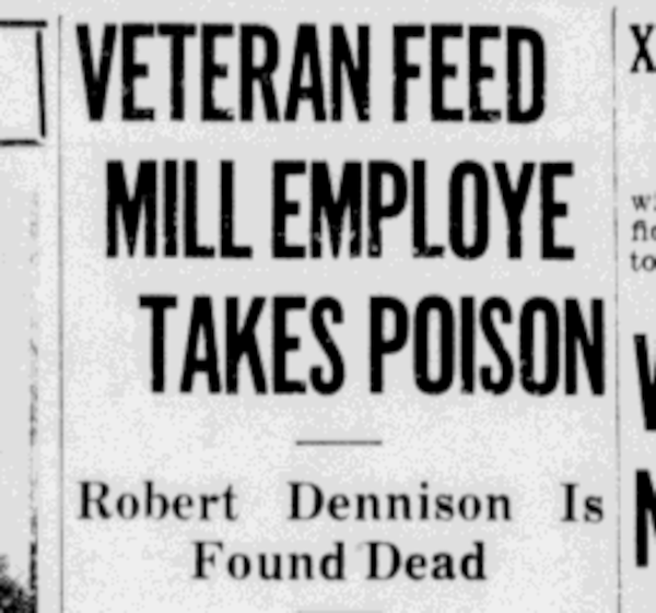 Newspaper headlines announcing Robert Denison's death from suicide, January 1934. (Source: newspaperarchive.org)