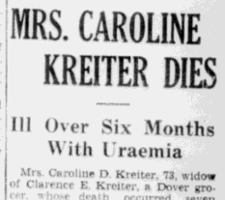 Caroline Kreiter's death reported in the New Philadelphia newspaper, April 1934. (Source: newspaperarchive.com)