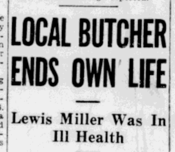 The headline on the article about Lewis Miller's suicide, May 1948. (Source: newspaperarchive.com)