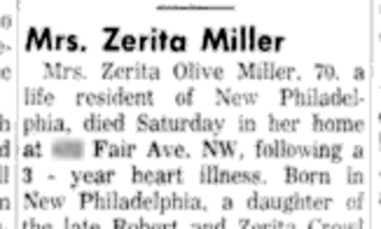 Olive Zerita Miller's obituary in the in Dover newspaper, April 1962. (Source: newspaperarchive.com)