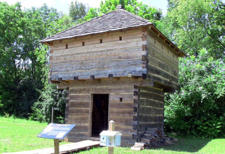 A modern reconstruction of a log blockhouse fort at the Army Heritage Center in Carlisle, PA. Fort Pearsal may have looked similar. (Source: ahec.armywarcollege.edu)