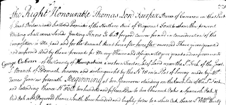 Detail from George Osborne's Land Grant in Hampshire County, Virginia, August 1749. (Source: ancestry.com)