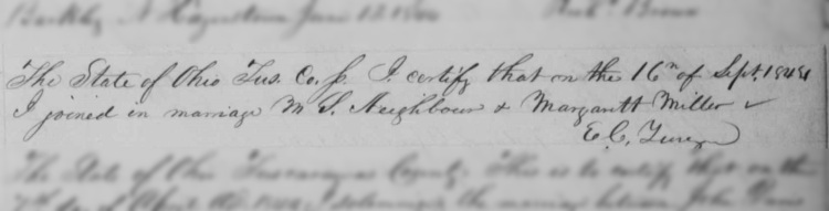 Record of the marriage of Mathias Nabor and Margaret Miller in Tuscarawas County, Ohio in September 1844. (Source: familysearch.org)
