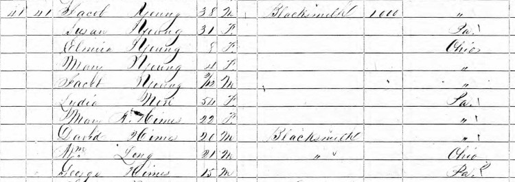 The Young family, and apprentices, recorded in the 1850 census for New Philadelphia, Ohio. (Source: familysearch.org)