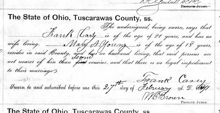 Record of the marriage of Mary A. Young and Frank Carey in Tuscarawas County, Ohio, February 1871. (Source: familysearch.org)