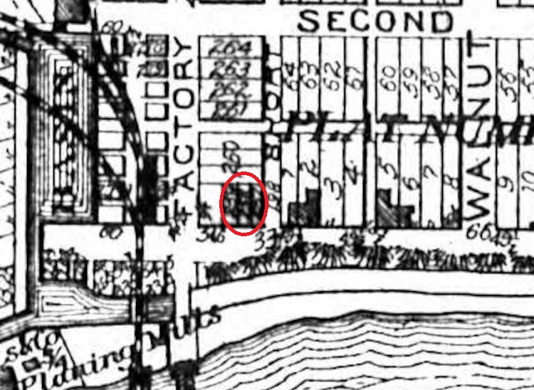 The lots on Front Street in Dover, shown on the 1875 Atlas of Tuscarawas County's map of Canal Dover, that were the location of Frederick Pfeiffer's later saloon and boarding house. (Source: ancestry.com)